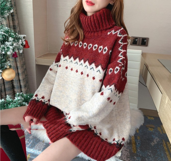 Women's Autumn And Winter Loose Knit Padded Turtleneck Christmas Sweater