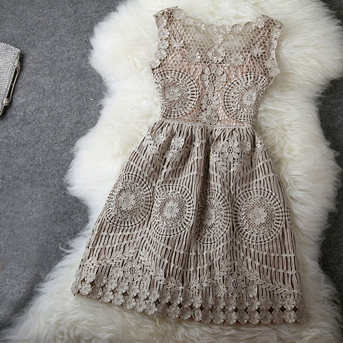 Vintage Gold Thread Hollow Out Embroidery Slim Dress