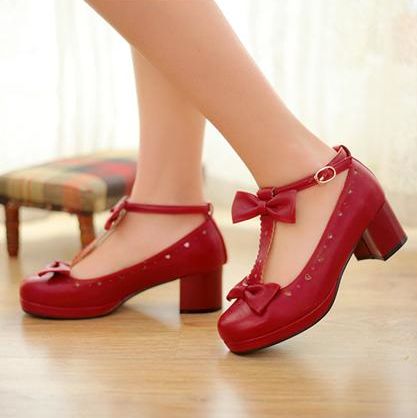 Round Toe Leather T-Strap Low Chunky Heel Pumps with Tiny Heart Cutouts and Ribbons