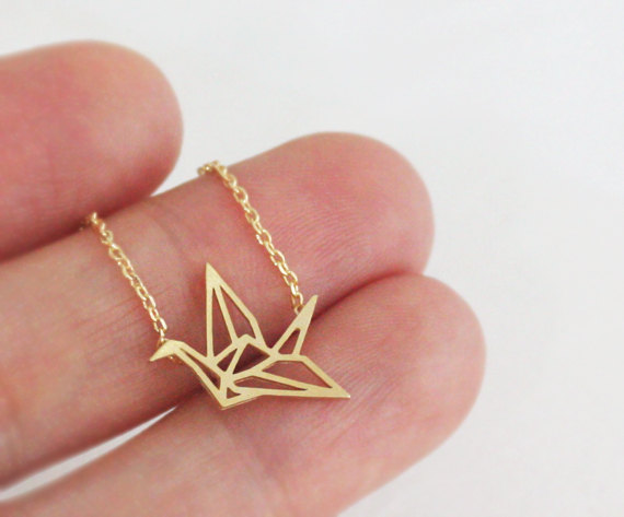 Gold Japanese Paper Crane Origami Necklace, Jewelry