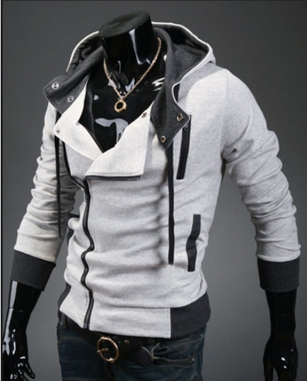 Light Grey Korean Men Slim Fitting Fashion Hoodie Cotton Blends Coat