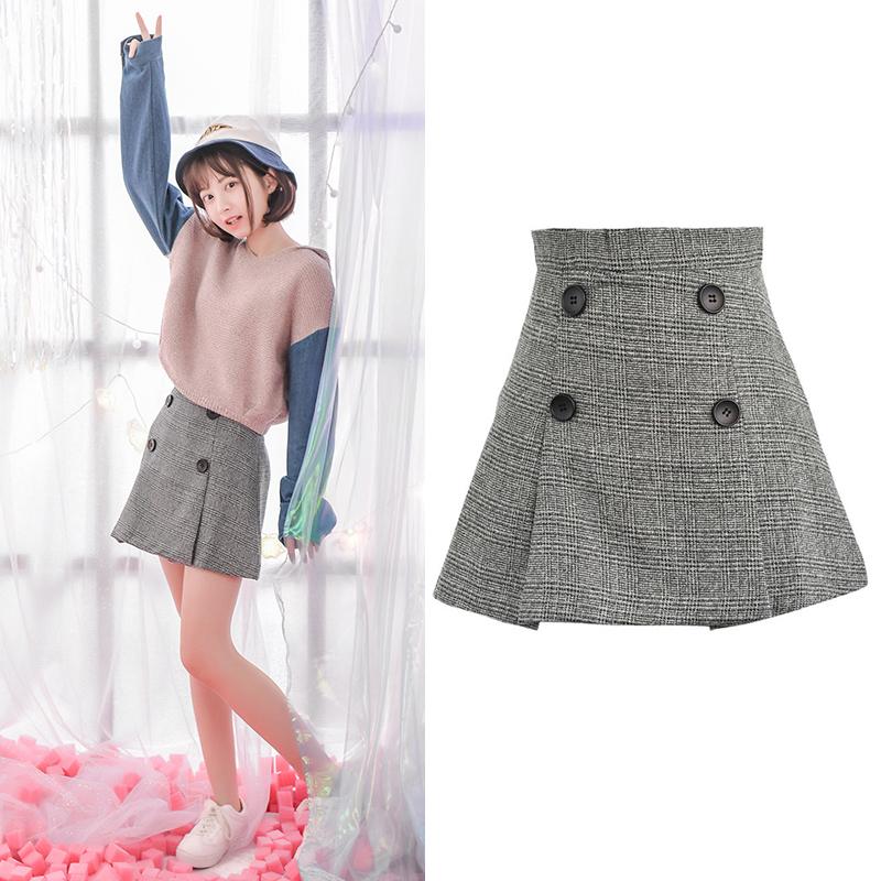 Grey Plaid A Line Skirt Buttons Decoration skirt
