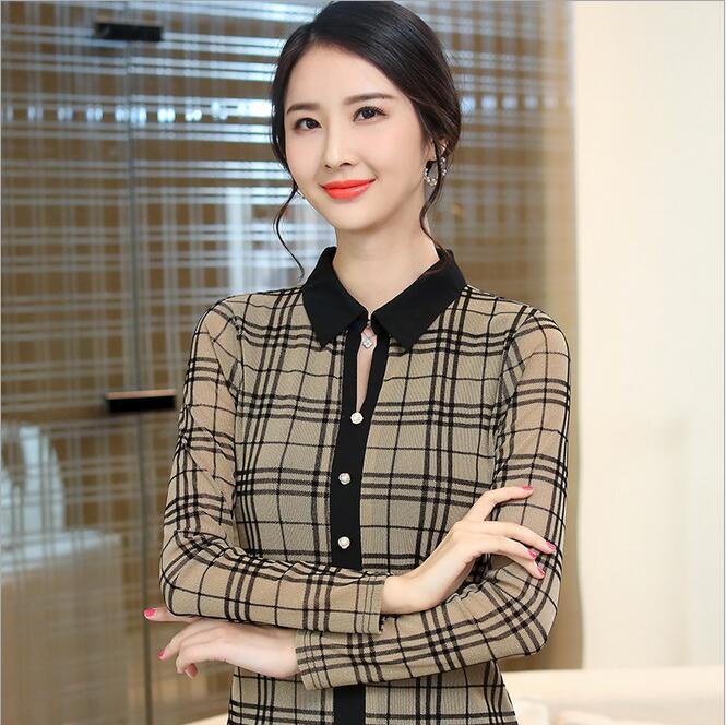 Korean style fashion shirt collar long-sleeved plaid bottoming shirt 