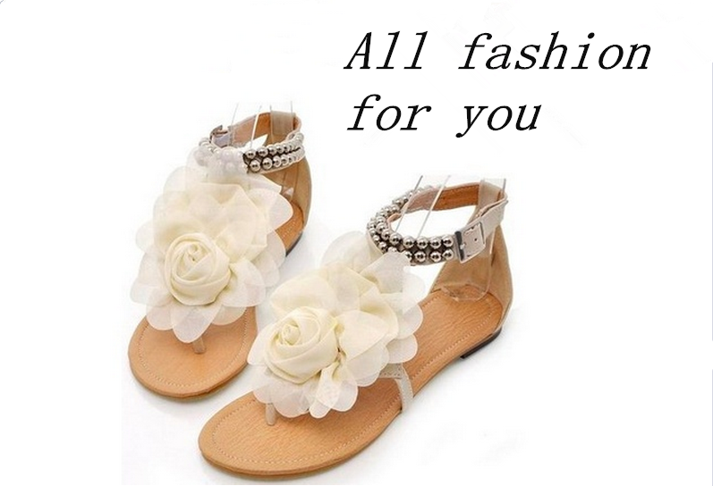34-43 Bohemia 2014 Sandals Female Beaded Flower FLat Flip-flop flats Women's Shoes