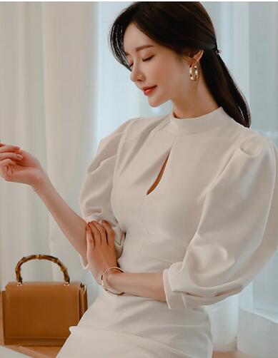 Women's Wrap Dress White Long Sleeve Solid Color Modern Style Fall Spring Round Neck Casual Gentle dress