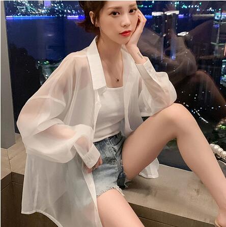 Korean loose chiffon thin long sleeved sun protection clothing perspective white shirt