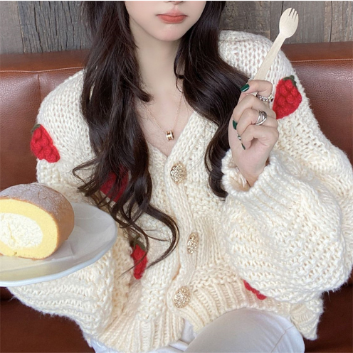 2022 new vintage sweet strawberry sweater / loose lazy style women's V-neck knit cardigan jacket