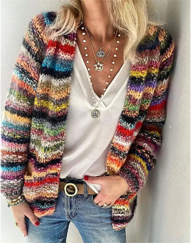 Women's Cardigan Sweater Jumper Crochet Knit Knitted Rainbow Open Front Stylish Casual Outdoor Daily Winter Fall cardigan