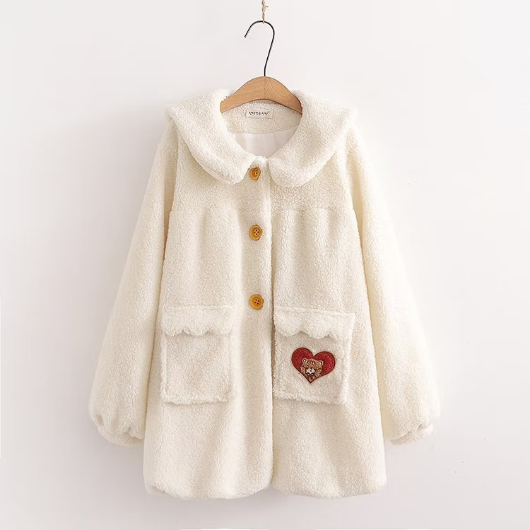 Cute and sweet college style cartoon loose lamb fleece coat