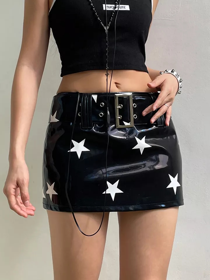 Black PU Glossy Star Print Mini Skirt