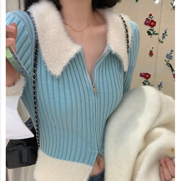 Faux Fur Knitted Sweater Women Design Slim Elegant Zipper Pullover cardigan