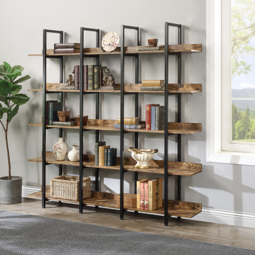 Brown color MDF Board 5 Tier Bookcase Home Office Open Bookshelf, Vintage Industrial Style Shelf with Metal Frame
