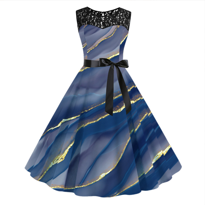 2023 Fashion Lace Panels, Crewneck, Sleeveless Print Nipped-in Waist Swing Dress