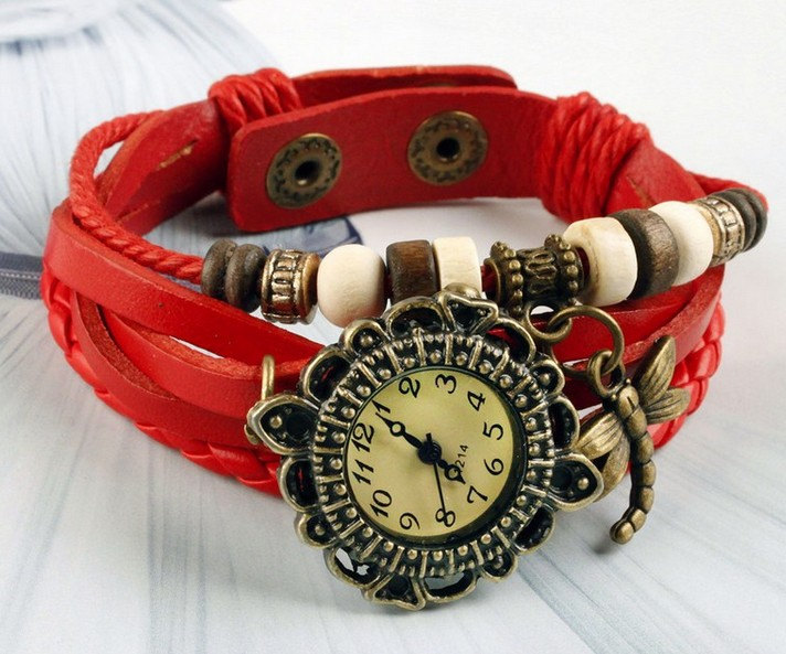 Dragonfly Pendant Women Bracelet Watch,Wooden Beads Wrist Watch, Antique Style, Leather Bracelet Watch