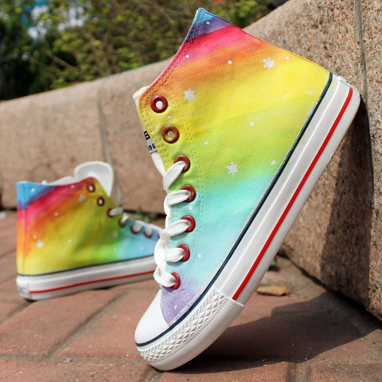 Fashion Stars Pattern Rainbow Color Hand Painted High Top Canvas Sneakers