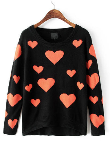 Heart Print Round Neck Long Sleeve Woman Sweater , Pullovers