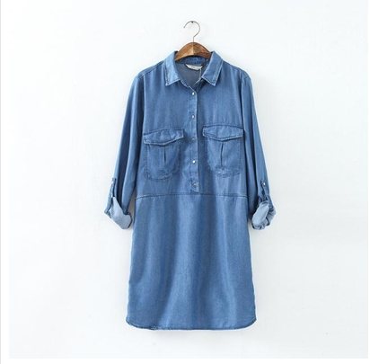 Blue Lapel Long Sleeve Pockets Denim Dress