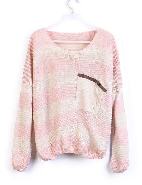Loose Pink Striped Sweater With Pocket