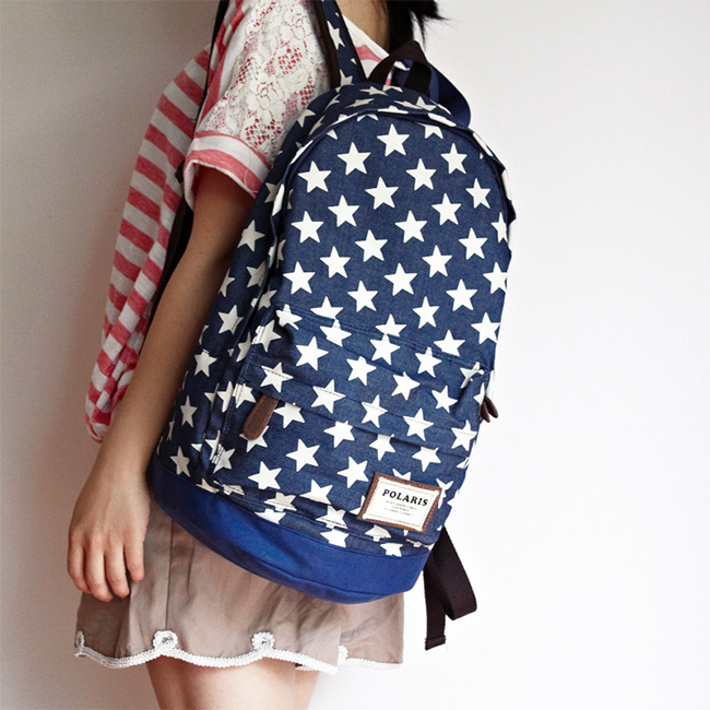 Sweet European Style Star Print Denim Backpack - Dark Blue