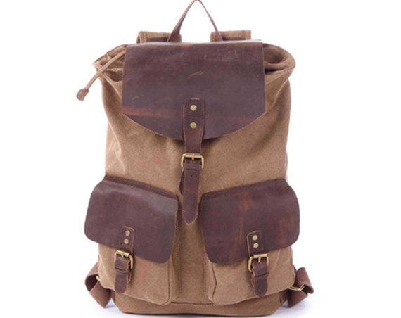 Handmade Leather Canvas Backpacks Khaki Canvas Backpacks Student Canvas Backpack Leisure Packsacks