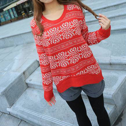 Loose Fitting Snowflake Knit Sweater - Red