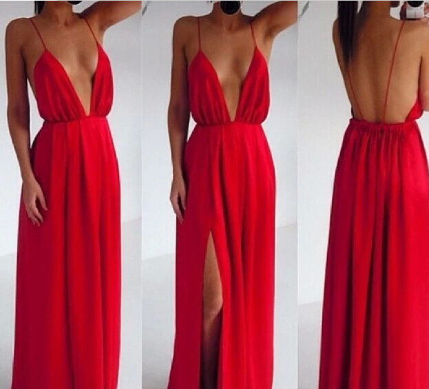 Sexy Red Chiffon Backless Strips Dress Red Backless Dresses