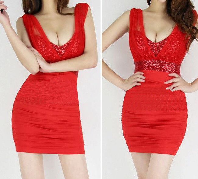 2013 Womens New Fashion Black Red Blue White V Neck Sexy Gauze Sequins Backless Nightclub Mini Dress Ladies Party Dresses