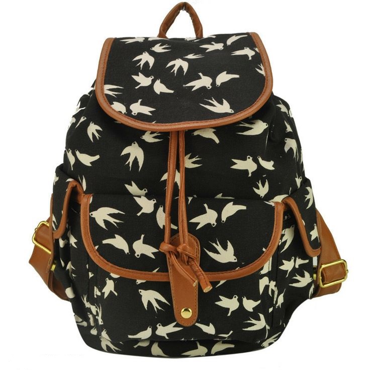 Bird Print Graphic Canvas Girl Backpack