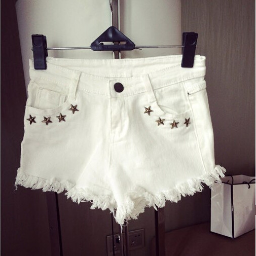 White Distressed Denim Short Pants with Star Studs