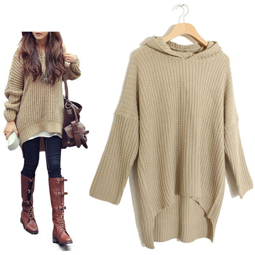 Thick Knitted Hooded Long Sleeved Sweater Featuring High Low Hem 