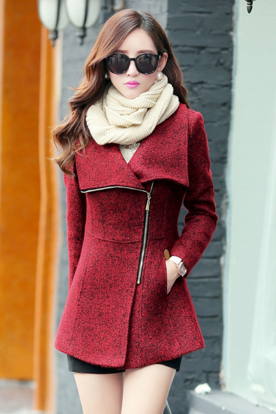 Cheap Fashion Turndown Collar Long Sleeves Zipper Design Wine Red Regular Wool Coat