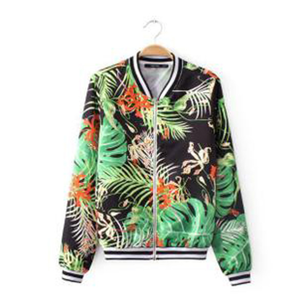 Women Autumn Winter Flower Grass Print Jacket Coat Outerwear