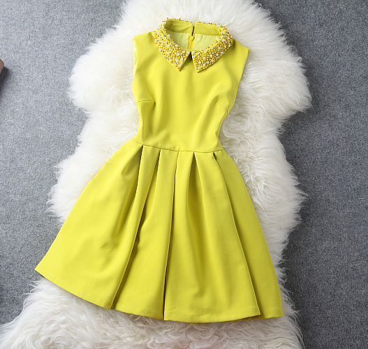 Yellow Dress With Pearl Beaded Collar