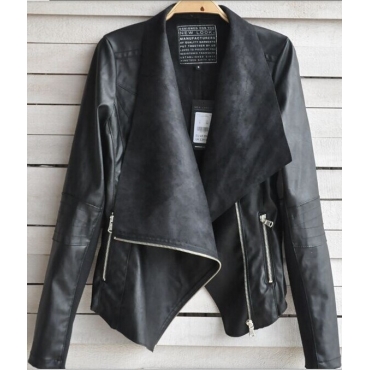 Casual Punk Style Turndown Collar Three Quarter Sleeves Zipper Designed Black Regular Leather