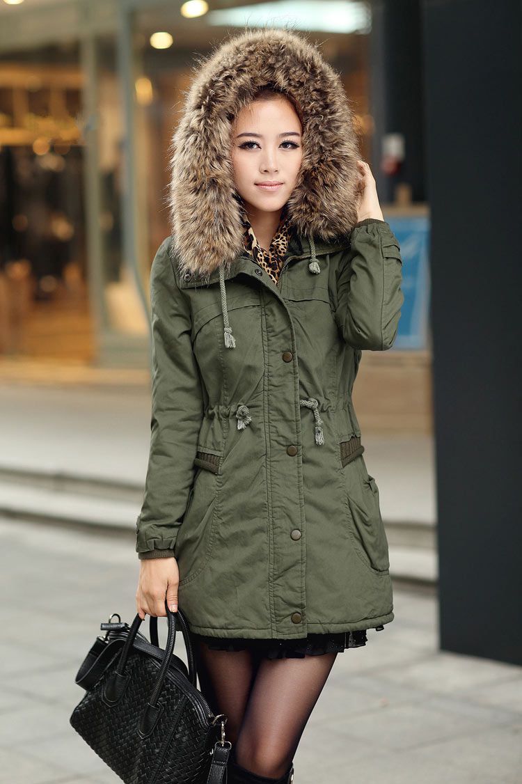 green parka with faux fur hood