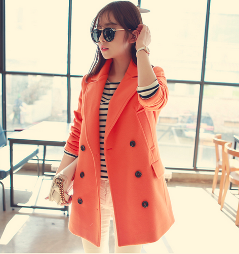 Orange Women Casual Office Chic Trendy Modern Look Long Jacket Winter Autumn Coat Outerwear
