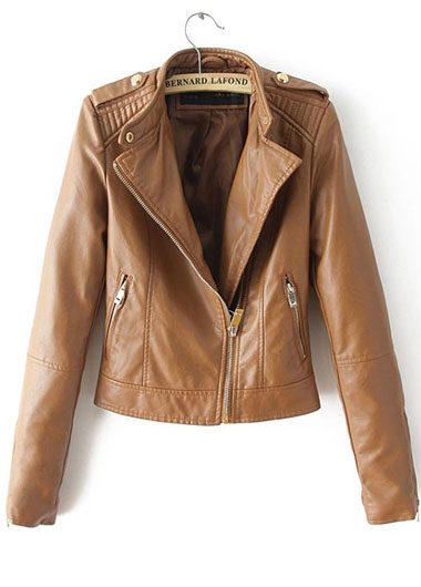 Stylish Brown Leather Moto Jacket Featuring Side Zipper Pockets