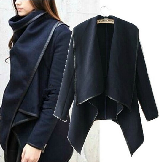 Westernism Funnel Neck Irregular Wool Coat With Pu Trimmed Women Fashion Casual Woolen Jacket Coat