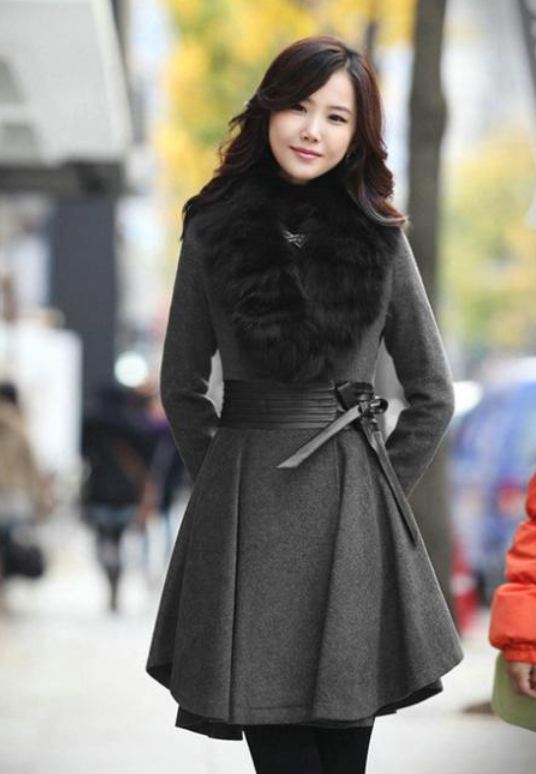 Gray Wool Linen Coat Gray Trench Wool Overcoat Gray Skirted Winter Coats