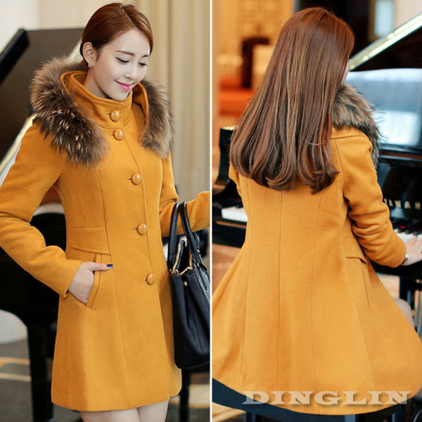 Winter Fur Trim Slim Thicken Woolen Pocket Over Coat Casual Jacket Outwear Size S M L Women Dress Women Cloth