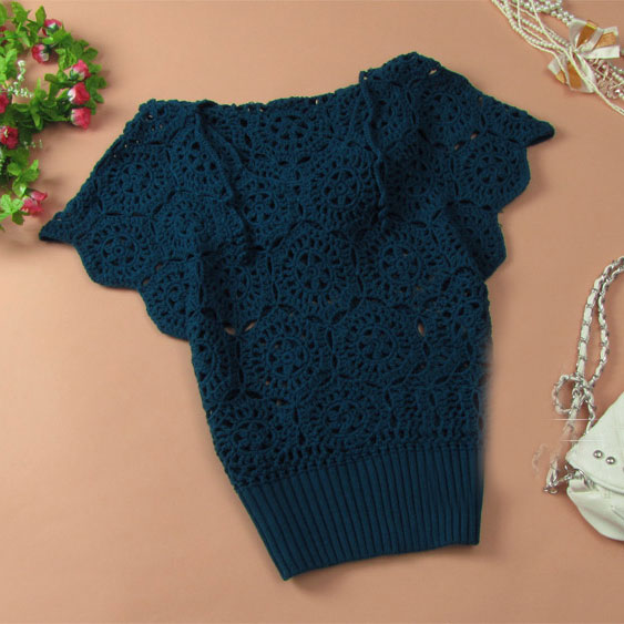 Elegant Floral Crochet Hollow Out Batwing Sleeve Shirt - Acid Blue