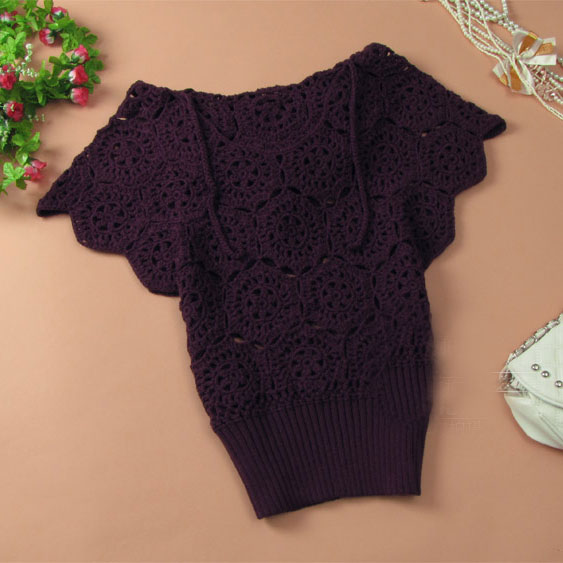 Elegant Floral Crochet Hollow Out Batwing Sleeve Shirt - Purple