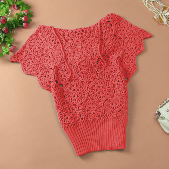 Elegant Floral Crochet Hollow Out Batwing Sleeve Shirt - Watermelon Red