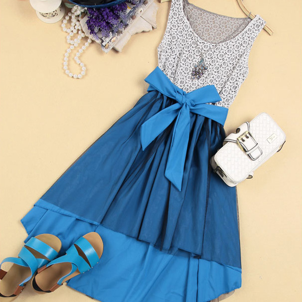 Elegant High-Low Hemline Bowknot Sleeveless Lace Spliced Dress - Blue