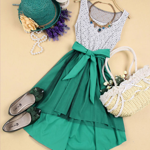 Elegant High-Low Hemline Bowknot Sleeveless Lace Spliced Dress - Green