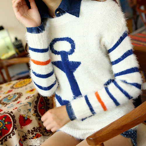 Navy Style Anchor Strip Print Soft Sweater - Blue