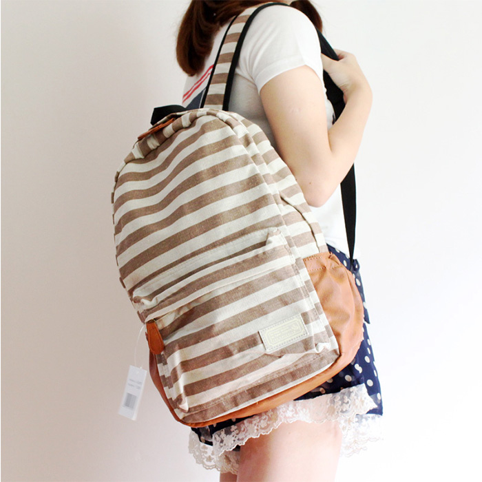 Retro Navy Style Strip Print Backpack - Light Brown