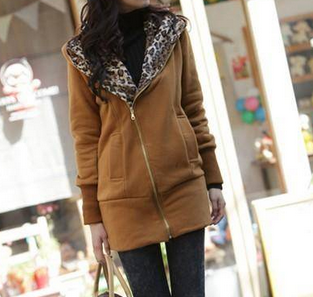 Casual Long-sleeved Hooded Leopard Sweater Coat Thick