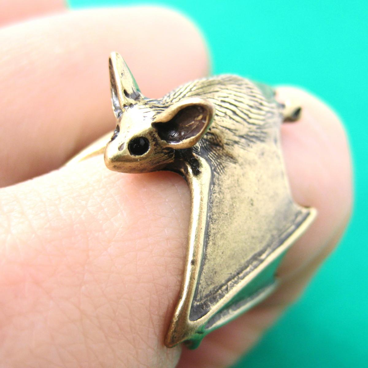 3D Adjustable Bat Animal Wrap Around Hug Ring In Brass