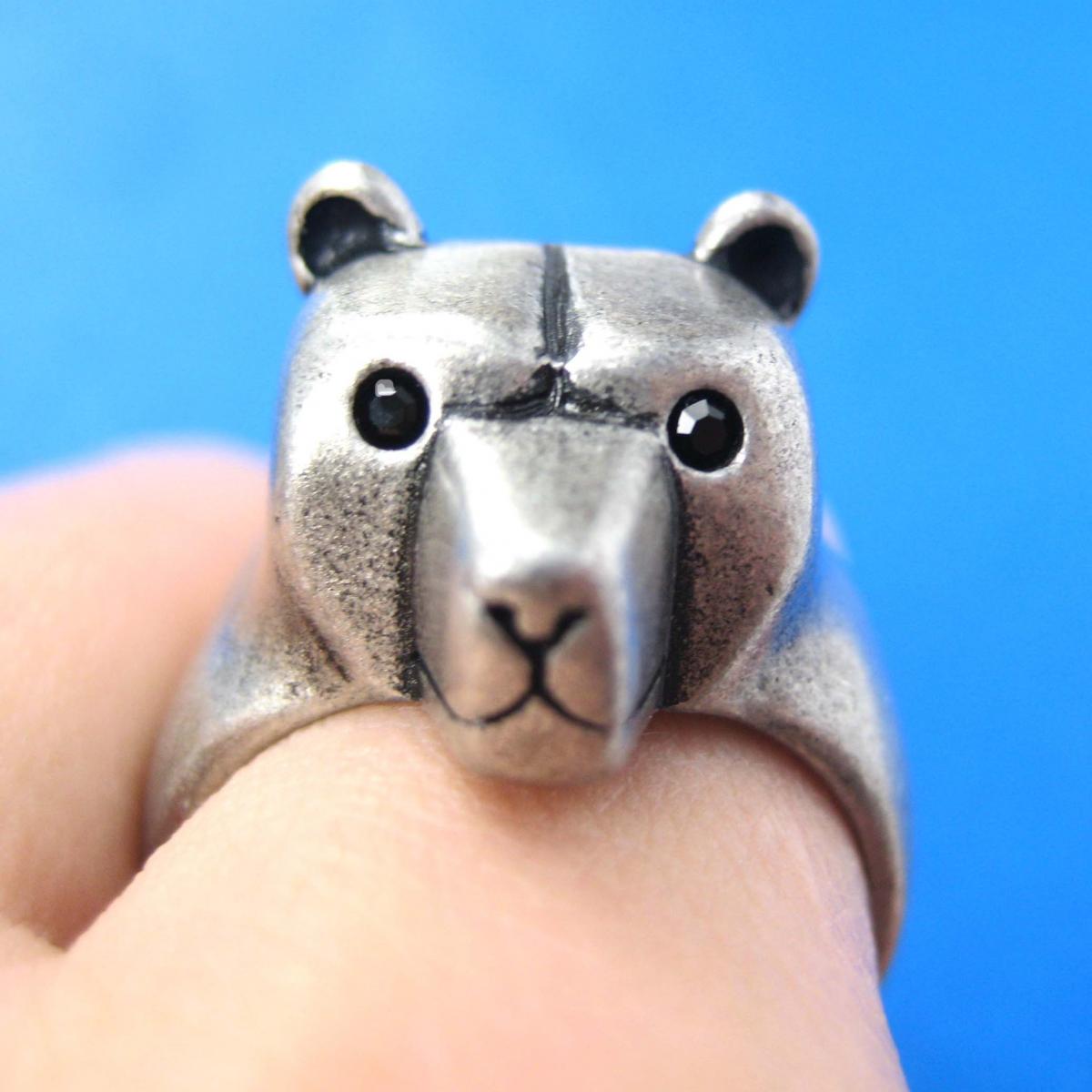 3D Adjustable Polar Bear Teddy Animal Wrap Around Hug Ring In Silver
